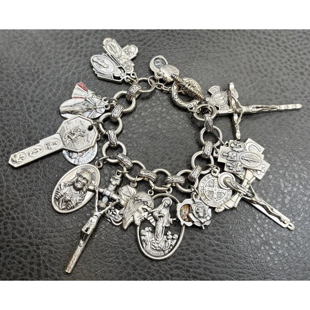 Vintage Silver Tone Religious Charm Bracelet Crucifix Saints Medals Heavy Chunky